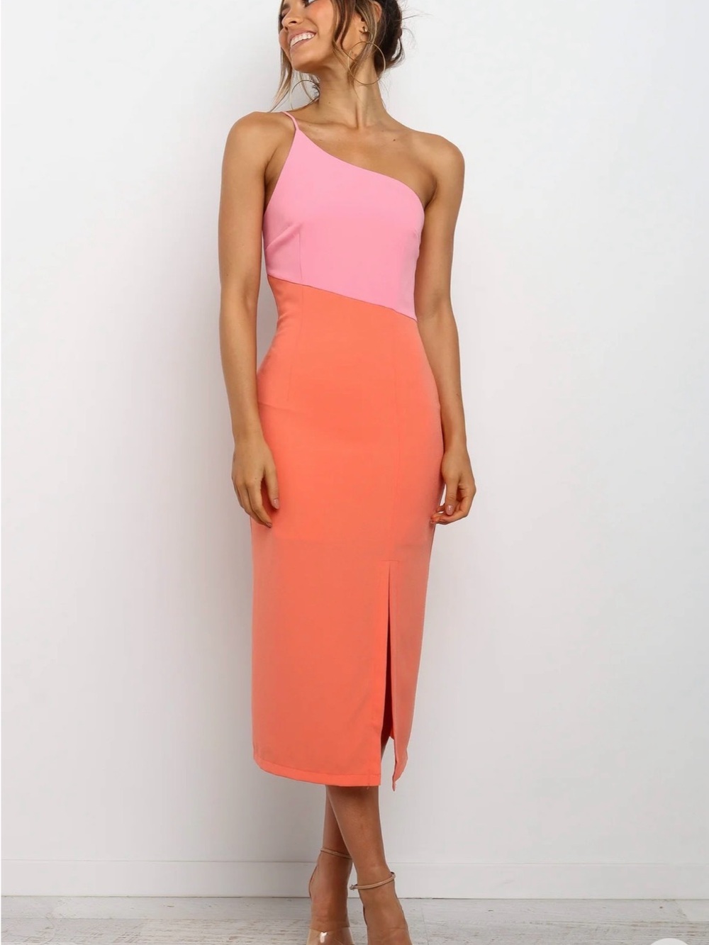 Petal & Pup Colorblock One-Shoulder Midi Skirt - Pink & Coral size 10